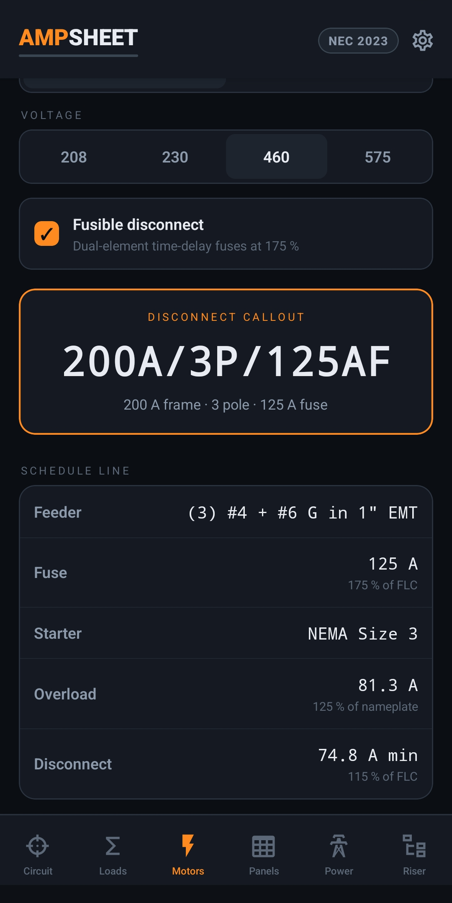 The Motors screen showing full-load current, protection and starter sizing